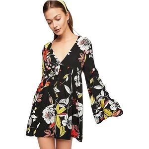 Free People Bella Black Floral Breezy Festival Whimsigoth Tunic Top Dress Medium